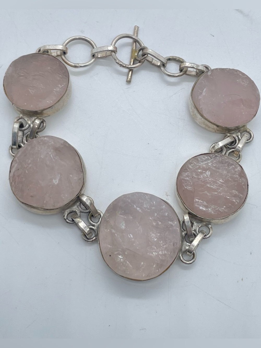 Rose Quartz Link Bracelet Marked 925 Pink Stone Bracelet Toggle Clasp Boho